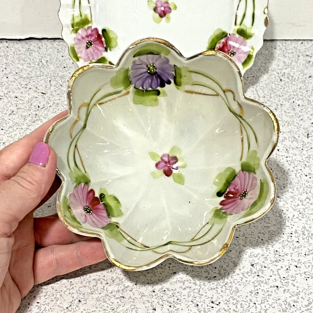 Mayonnaise Bowl & Drip Dish Set Porcelain Hand Painted Pink Purple Flowers Japan